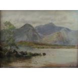 Early 20th century school, mountainous lake scene, watercolour and body colour on paper, signed with