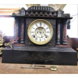 19th century black slate style, but in metal, architectural mantle clock, twin train enamelled