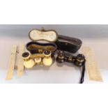 Two pairs of 19th century opera glasses (cased) a 19th century ivory parallel rule, further ivory