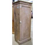 A stripped pine cupboard enclosed by a single panelled door, the interior fitted with two shelves,