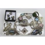 Collection of decorative silver jewellery to include a circular puffin pendant, 1970s lion pendant /