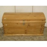 19th century stripped and waxed pine continental coffer or blanket chest with domed lid and steel