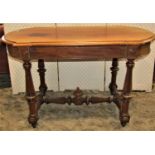 19th century walnut veneered centre or writing table rectangular with D shaped ends, raised on