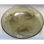 French art nouveau press smoked glass dish in the manner of Lalique, the base decorated in relief