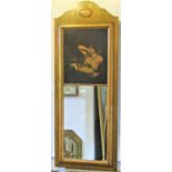 A pier mirror, moulded satin wood frame enclosing a bevelled edge mirror plate and faux oil painting