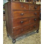 Mid 19th century mahogany chest of three long and two short drawers on turned supports, 110cm wide
