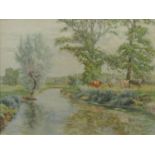 Watercolour by D Dalseal of cattle by a meandering river
