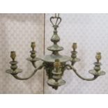 A good quality cast brass hanging five branch chandelier with acanthus and further classical
