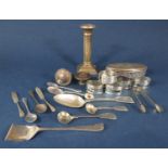 A mixed collection of cabinet silver and plate comprising a silver candlestick, a silver lidded