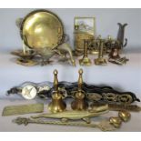 Box of various brass ware to include horse brasses, signs, bells, candlesticks, figures, etc