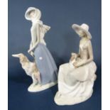 Two Lladro figure groups, one of an elegant lady with a borzoi type dog, 40cm tall approx, the other
