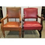 A pair of mahogany framed club chairs with upholstered seats and backs together with one other
