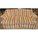 A mid 20th century three seat sofa with concave outline with good quality stripped upholstery, 190cm