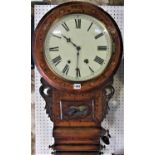 19th century parquetry inlaid drop dial twin train wall clock, the painted dial with Roman numerals,