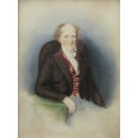 19th century school - Half length portrait of a seated gentleman in pink waistcoat, watercolour