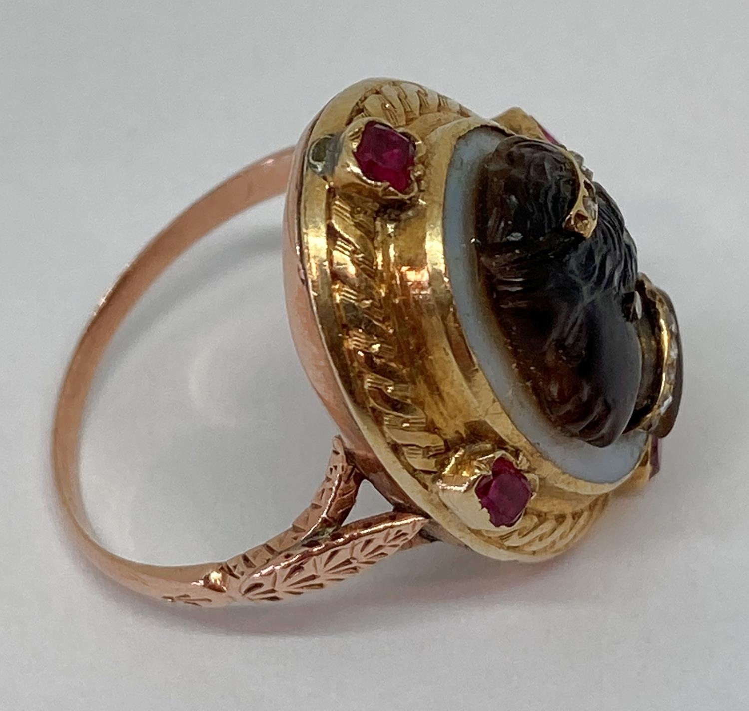 Fine antique blackamoor cameo ring depicting a lady, the agate cameo set with rose cut diamonds - Image 6 of 9