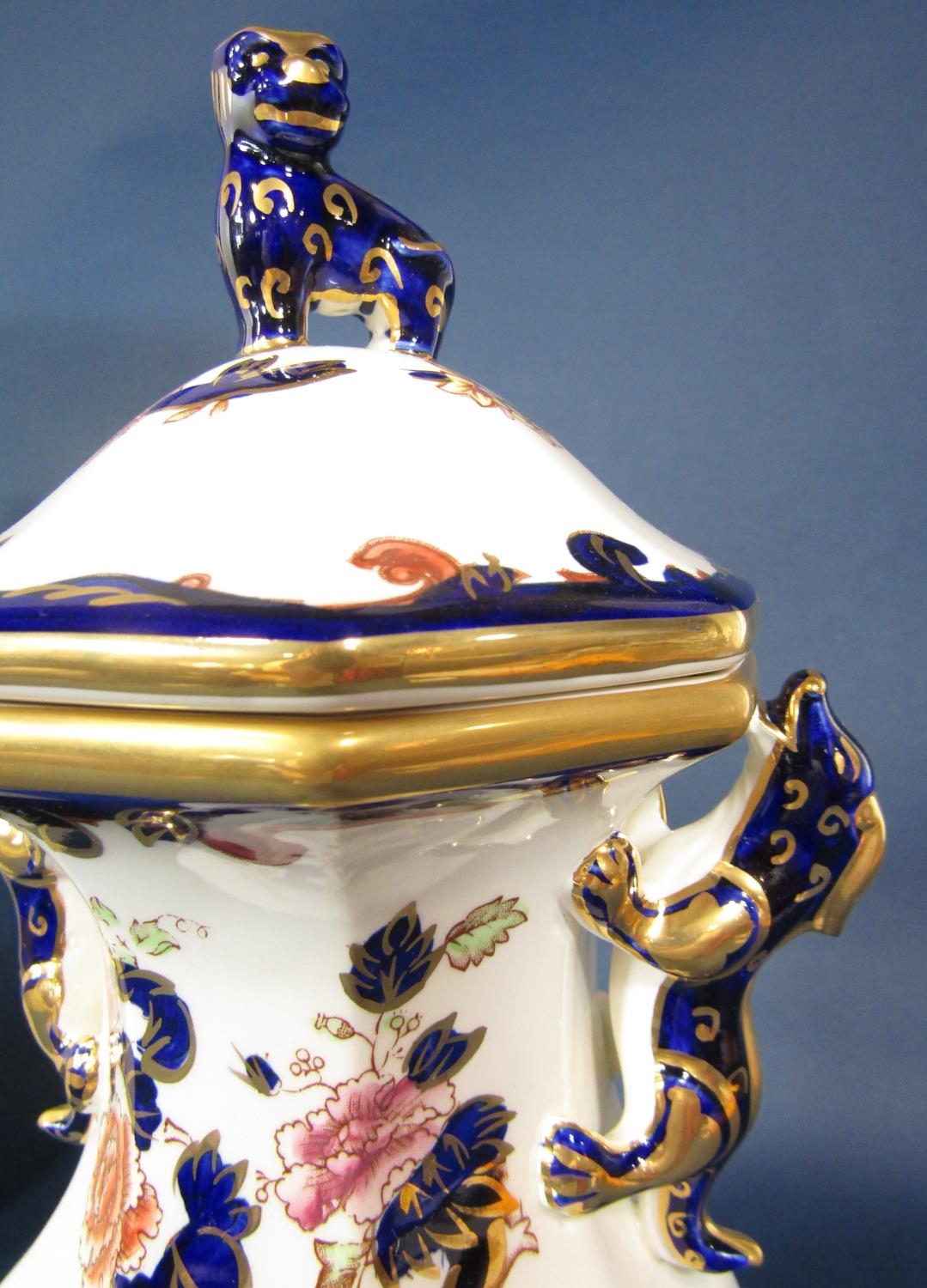 A large two handled Masons Coronation temple dog vase and cover, limited edition number 94/950, 41cm - Image 2 of 2