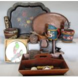 A mixed treen lot comprising an Edwardian twin handled gallery tray, a Victorian papier mache