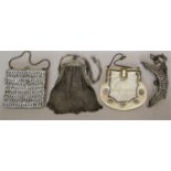 Mesh purse with white metal fastening circa 1920, 25cm deep, together with a vintage beaded purse