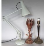 Three table lamps to include an anglepoise, an unusual treen floral lamp and a further painted