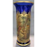 Large blue glass floor vase with gilt overlay and pictorial scene of semi-nude female harvesters,
