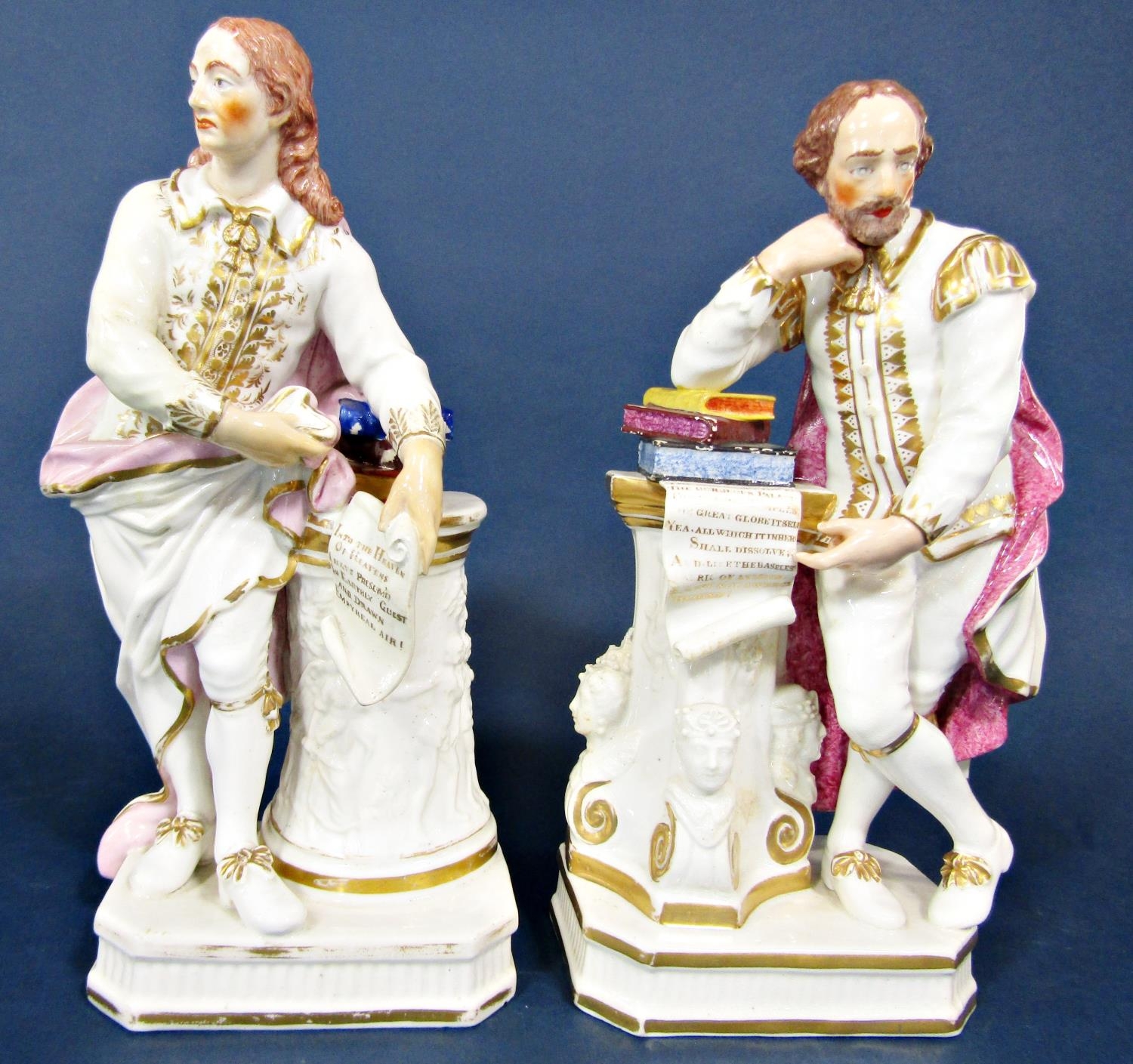 A pair of early 19th century Derby figures of Shakespeare and Milton, both standing beside columns