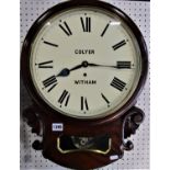 Good quality 19th century mahogany single fusee drop dial wall clock, the painted dial with Roman