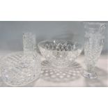 Orrefors tapered hobnail cut glass fruit bowl, 27cm diameter, together with three similar vases
