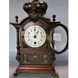 Small continental fruitwood architectural single train mantle clock with Islamic finial mount,