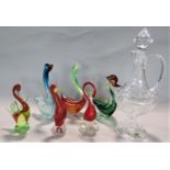 Collection of six Murano type glass birds, the largest 29cm high, together with a further crystal