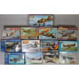 13 model aircraft kits of various WW2 aeroplanes, all appear un-started, some in sealed