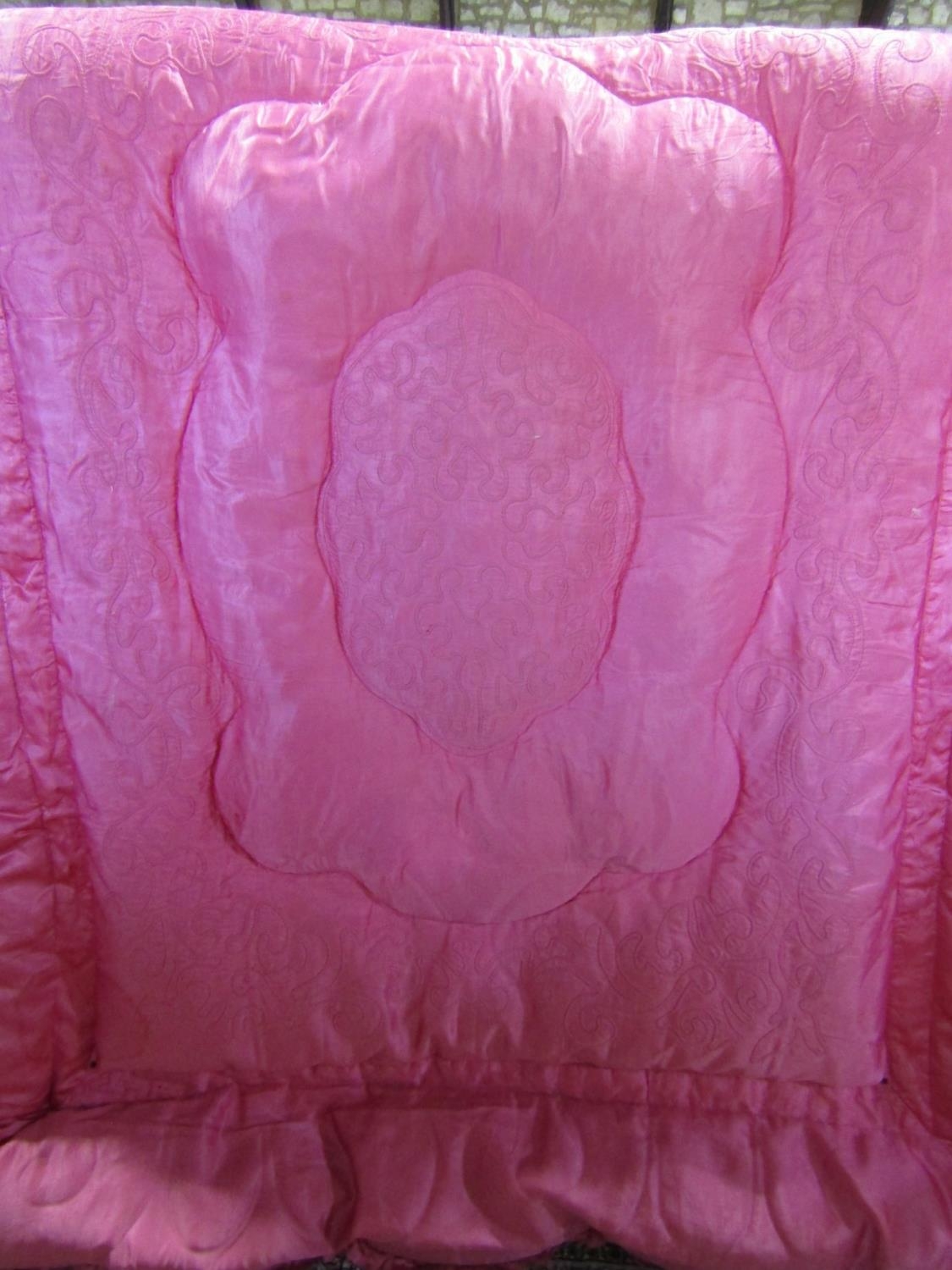 Vintage eiderdown in pink satin (feels like silk) filled with feathers and with trapunto type