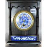 Good arts and crafts ebonised mantel clock with blue and white ceramic dial and painted Arabic