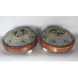 Pair of Victorian Beed work and parquetry footstools, 30cm diameter (2) (af)