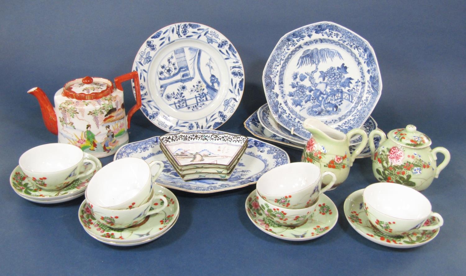 A collection of 19th century oriental blue and white ceramics including a dish of lozenge shaped