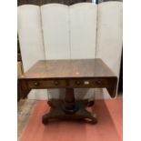 A Regency mahogany sofa table with two real and two dummy drawers, raised on a tapering cylinder