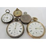 A mixed collection of pocket watches comprising 14ct fob watch, further silver Hunter fob watch,
