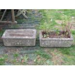 Pair of reclaimed garden planters of rectangular form, raised fruiting swag detail L:58cm W:30cm H: