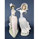 A large Lladro figure of an elegant lady with bonnet and parasol, 38 cm tall approximately, together