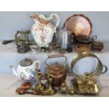 Mixed lot comprising a copper kettle, various brass candlesticks, silver plated wares, etc