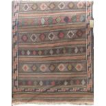 Old Sumak rug/wide runner, with banded decoration and geometric icons upon a deep blue ground, 220 x