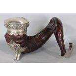 Good quality probably Scottish horn and silver plated table snuff, the hinged lid with floral