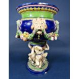 19th century Minton majolica jardinière with high relief moulded lions head and fruit, swag and