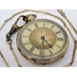 14ct fob watch, the gilt dial with further gilt chapter ring and Roman numerals, 35mm case, upon a