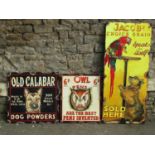 Three hand painted reproduction advertising signs for Owl Pens, Jacobs Choice Grain and Old