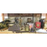 Mixed collection of various antique and metal wares to include a brass lamp on stand, trivets,