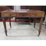 A 19th century mahogany side table with three frieze drawers on fluted supports