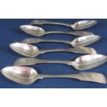 Set of six early 19th century Irish silver fiddle pattern dessert spoons, the handles engraved