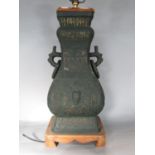 Chinese cast metal twin handled vase converted to a table lamp, 45cm high (not including fittings)