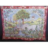 French tapestry style wall hanging depicting a unicorn in a pastoral scene 'Unicorn summer', made